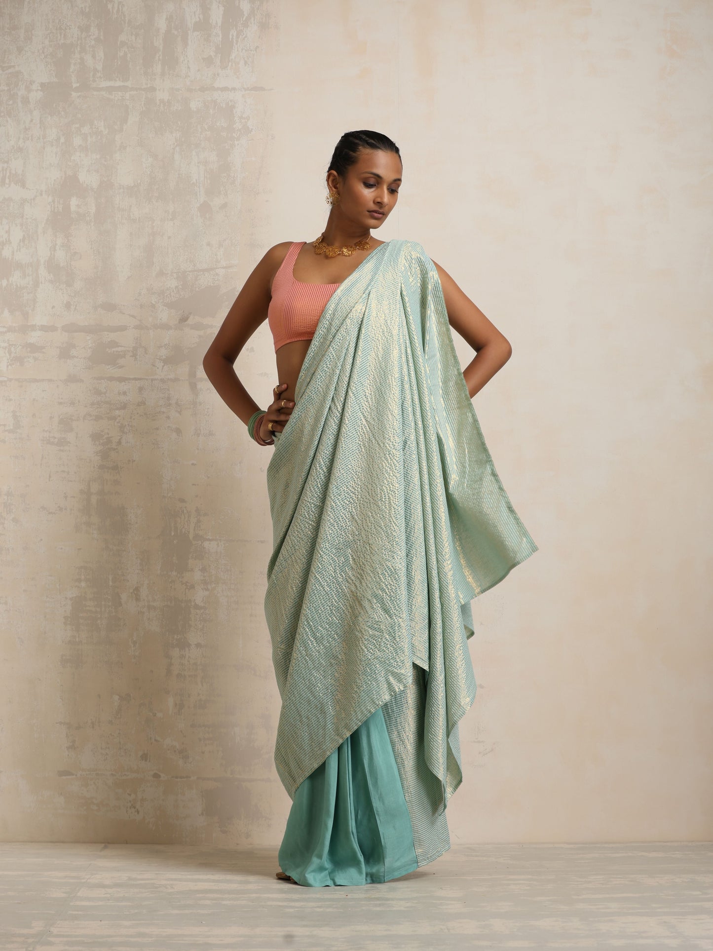 trueBrowns Blue Gold Lurex Ready To Wear Saree | Swadesiicart