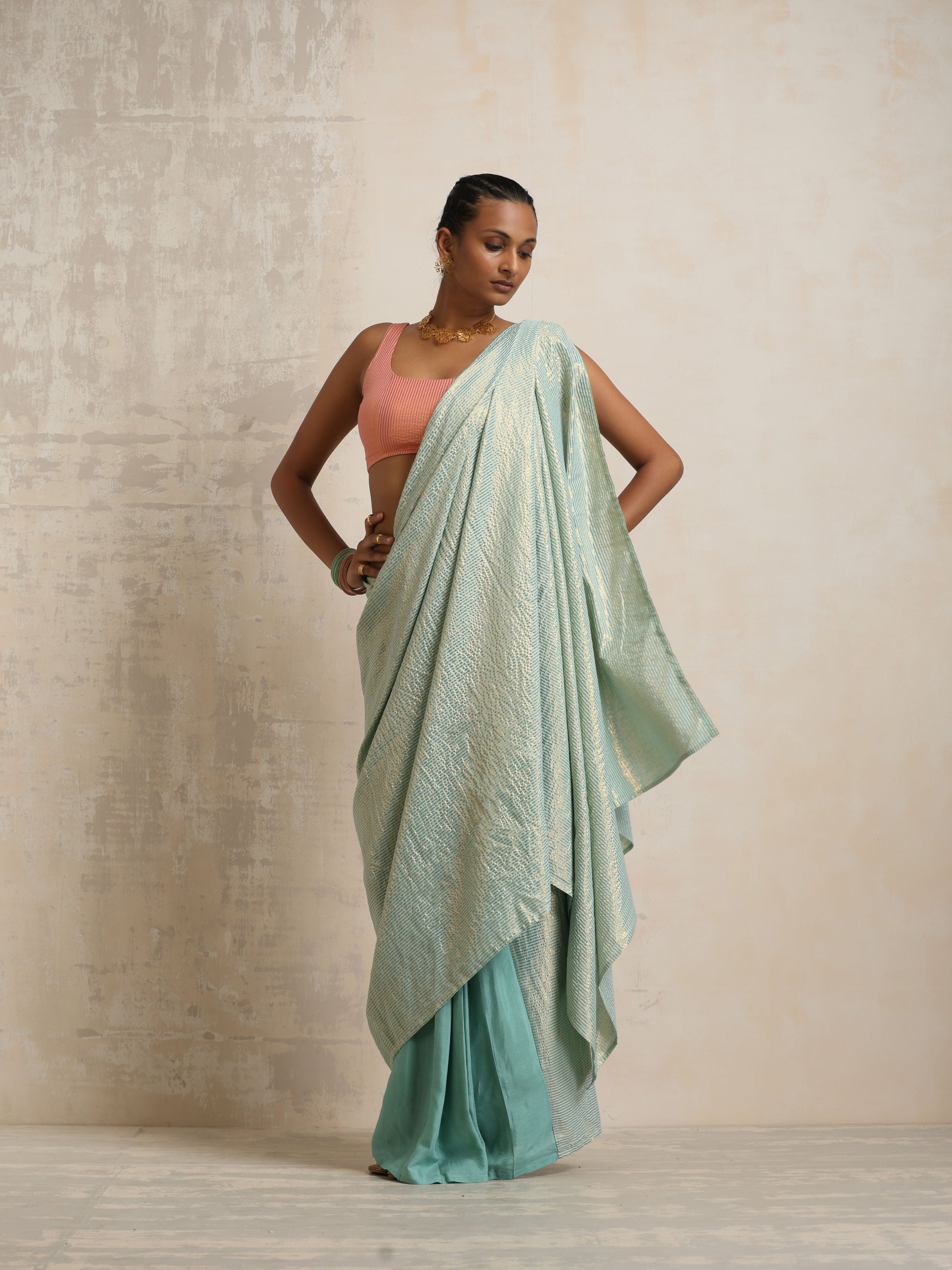 trueBrowns Blue Gold Lurex Ready To Wear Saree | Swadesiicart