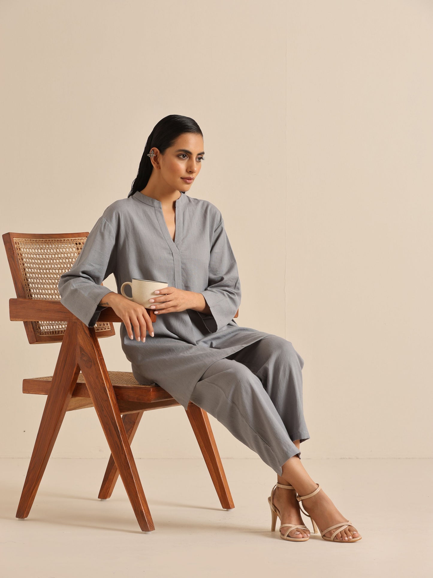 trueBrowns Steel Blue Khadi Relaxed Co-Ord Set - Swadesiicart