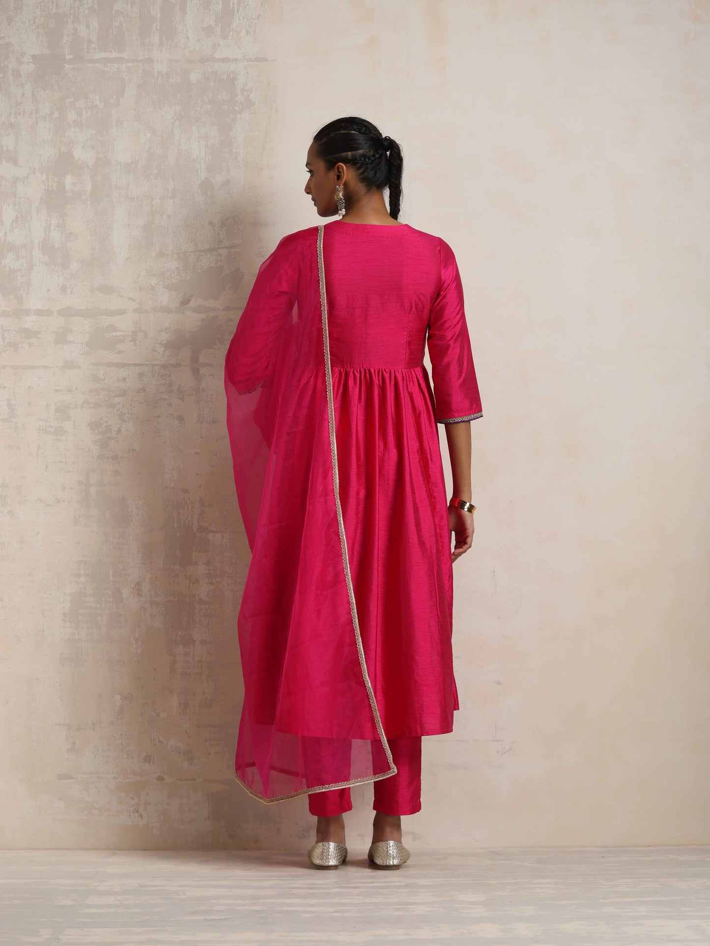 trueBrowns Pink Silk Anarkali Kurta Pant Dupatta Set | Swadesiicart