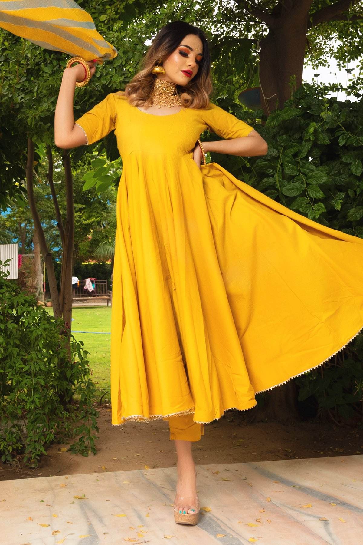 Pomcha Jaipur Rosemarry Yellow Cotton Anarkali Set | Swadesiicart