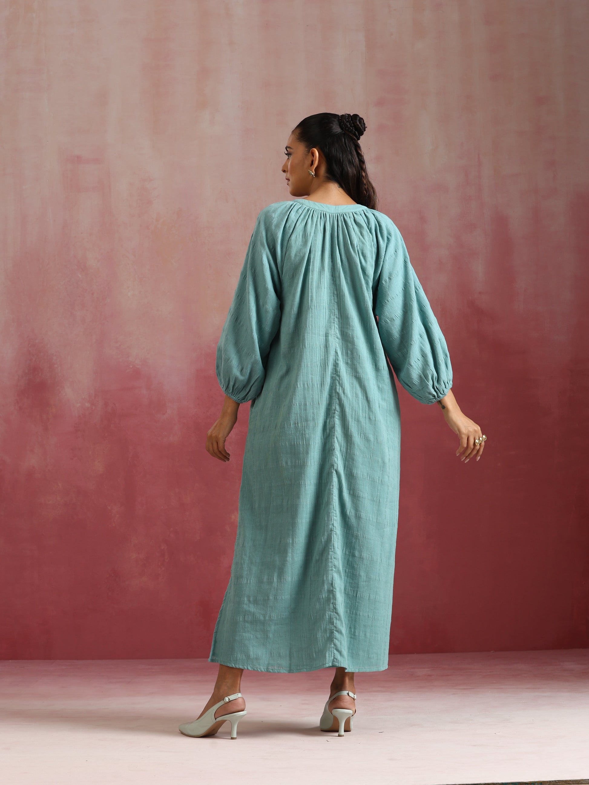 trueBrowns Aqua Blue Cotton Dobby Dress | Swadesiicart