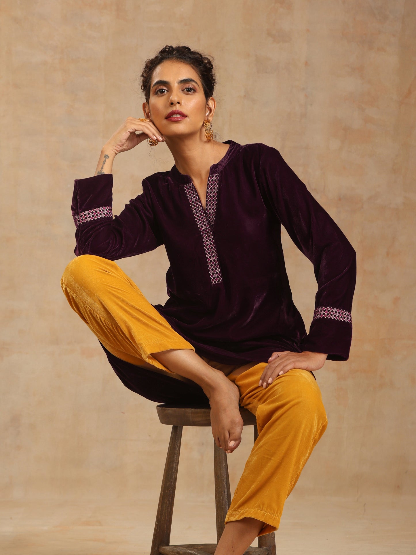 trueBrowns Wine Velvet Placket Embroidered Co-ord Set - Swadesiicart