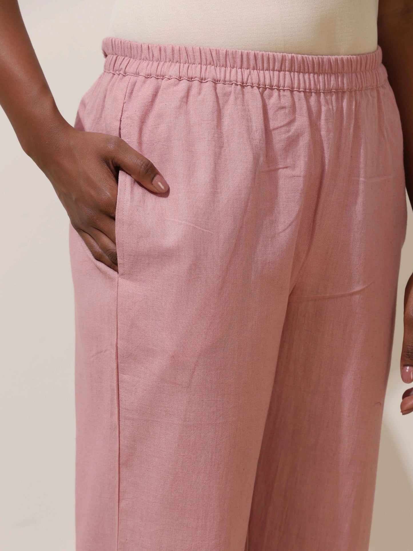 trueBrowns Pink Cotton Linen Kurta Co-Ord Set - Swadesiicart