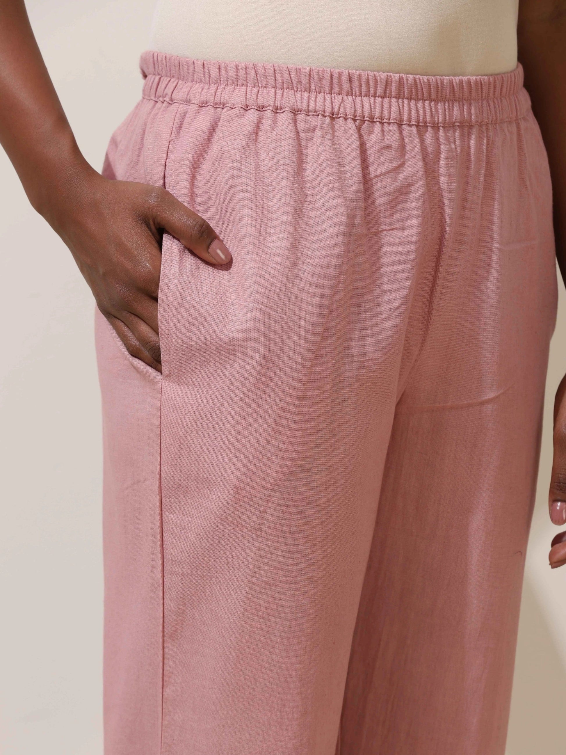 trueBrowns Pink Cotton Linen Kurta Co-Ord Set - Swadesiicart