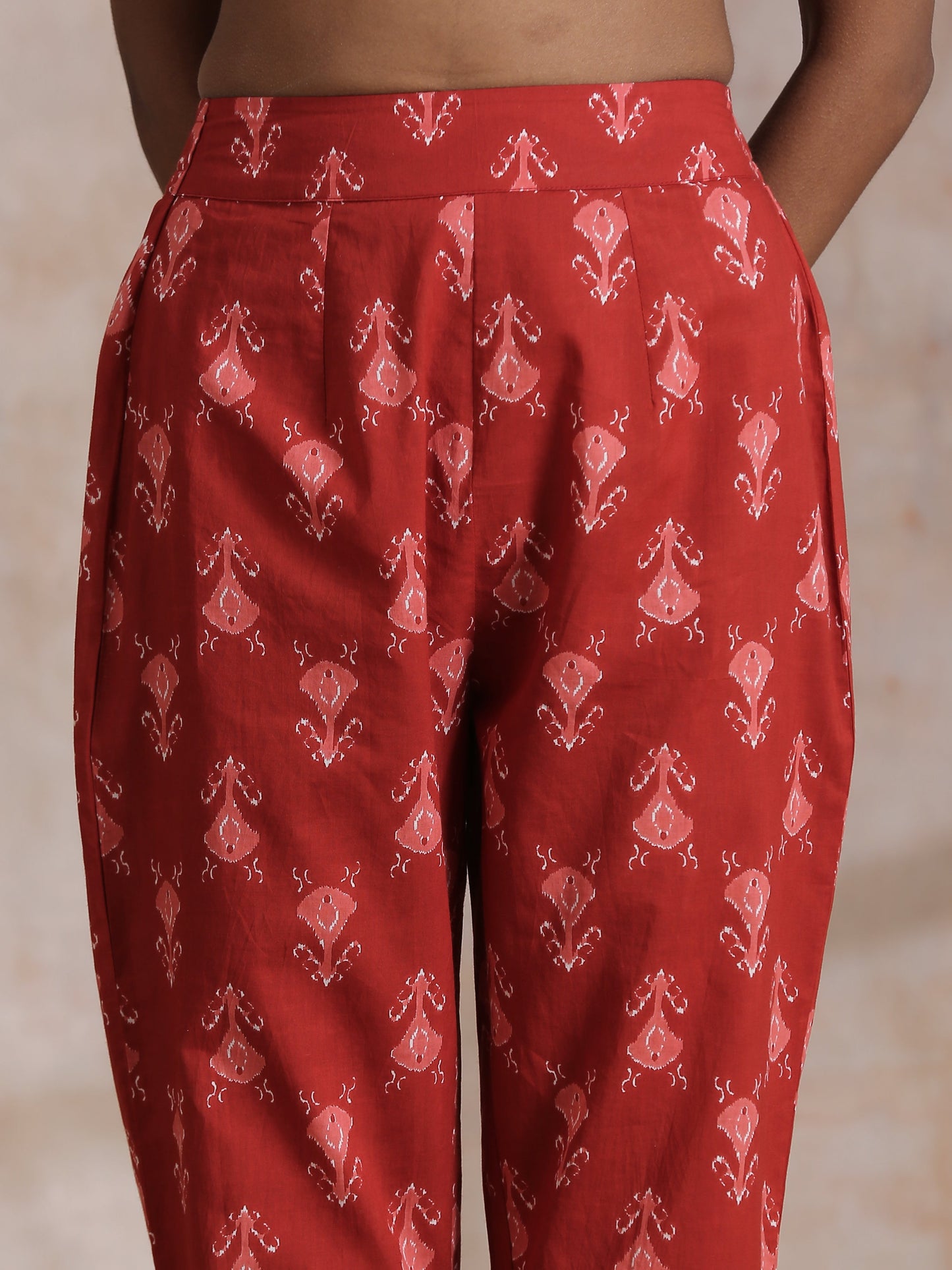 trueBrowns Red On Red Ikat Print Cotton Pant Suit Set | Swadesiicart
