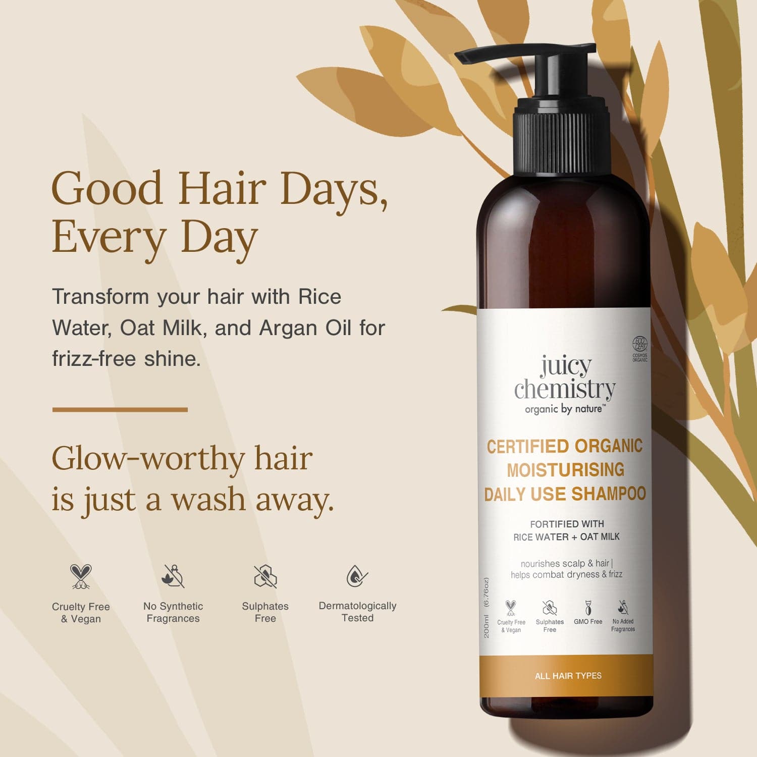 Certified Organic Moisturising Daily Use Shampoo Fortified with Rice Water + Oat Milk