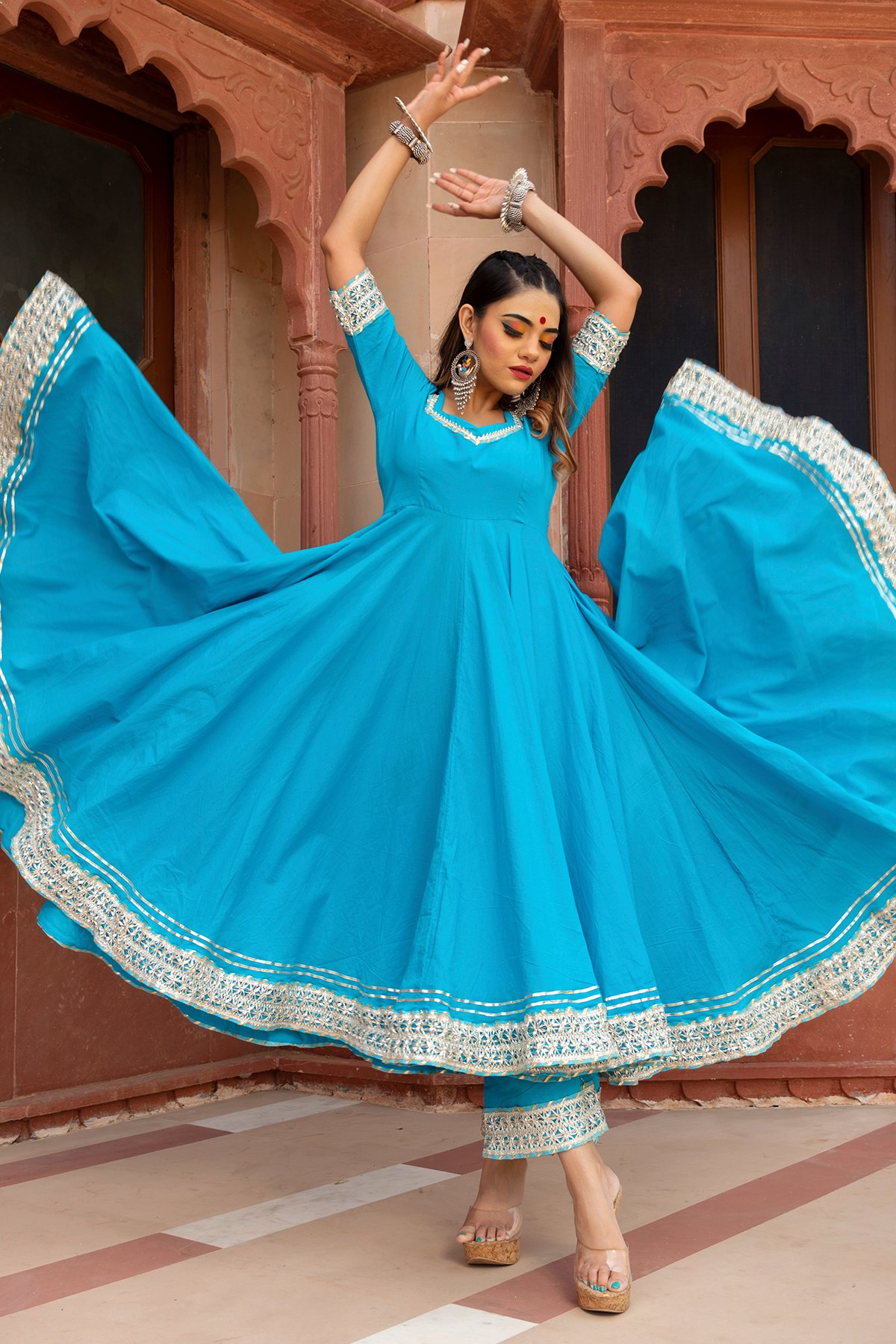 Pomcha Jaipur Kalamkari Blue Pure Cotton Anarkali Set | Swadesiicart