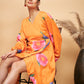 InWeave Women's Haldi Yellow Pink Mauve Flower Belted Dress - Swadesiicart