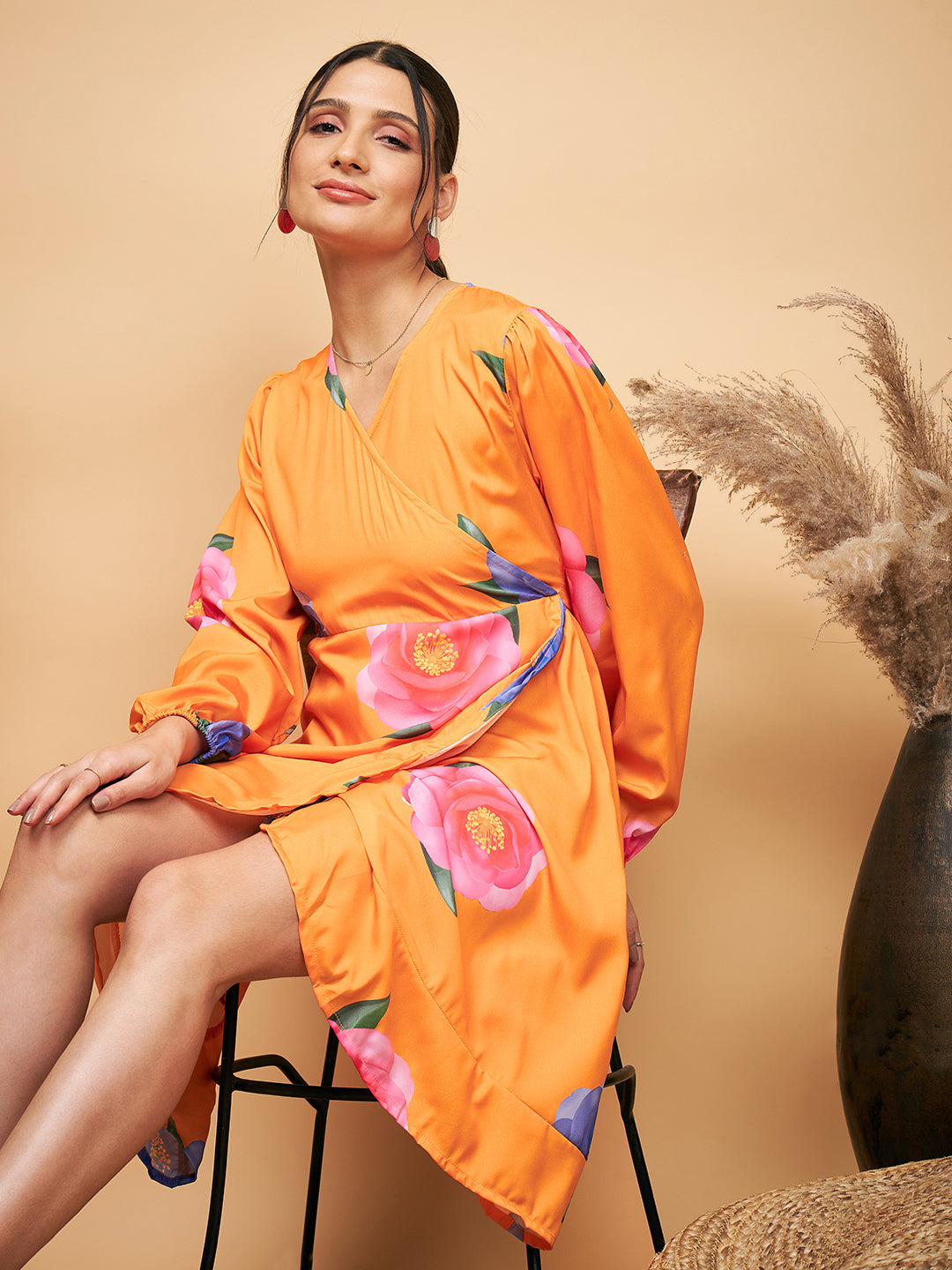 InWeave Women's Haldi Yellow Pink Mauve Flower Belted Dress - Swadesiicart