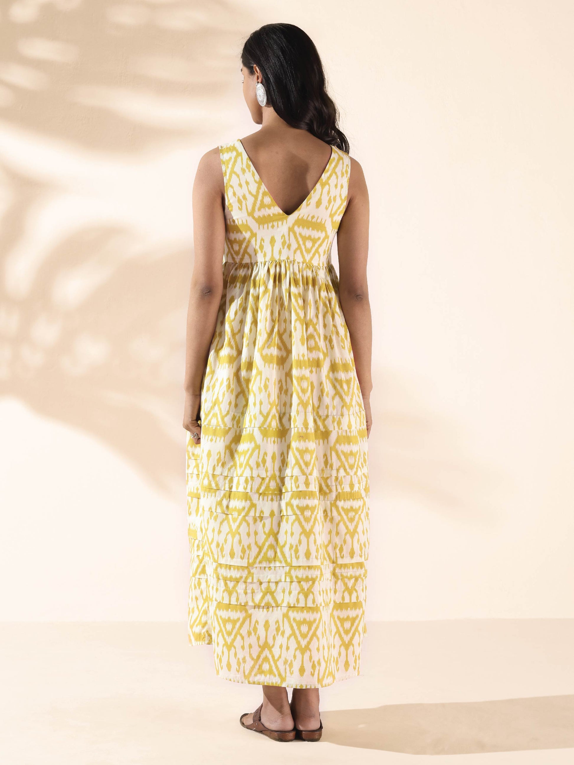 trueBrowns Lime Cotton Ikat Sleeveless Flared Dress | Swadesiicart