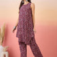 InWeave Maroon Navy Ajrakh Foil Round Neck Kurta Pant Set - Swadesiicart