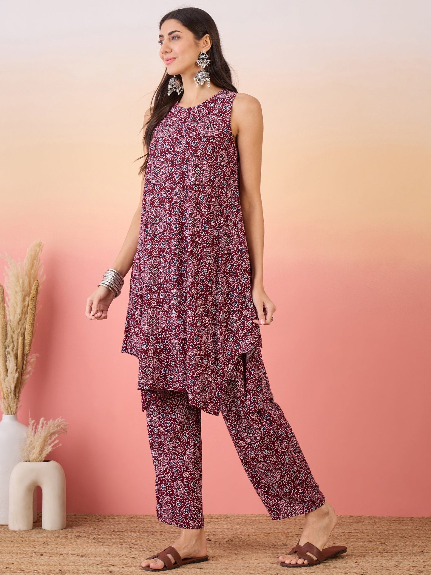 InWeave Maroon Navy Ajrakh Foil Round Neck Kurta Pant Set - Swadesiicart