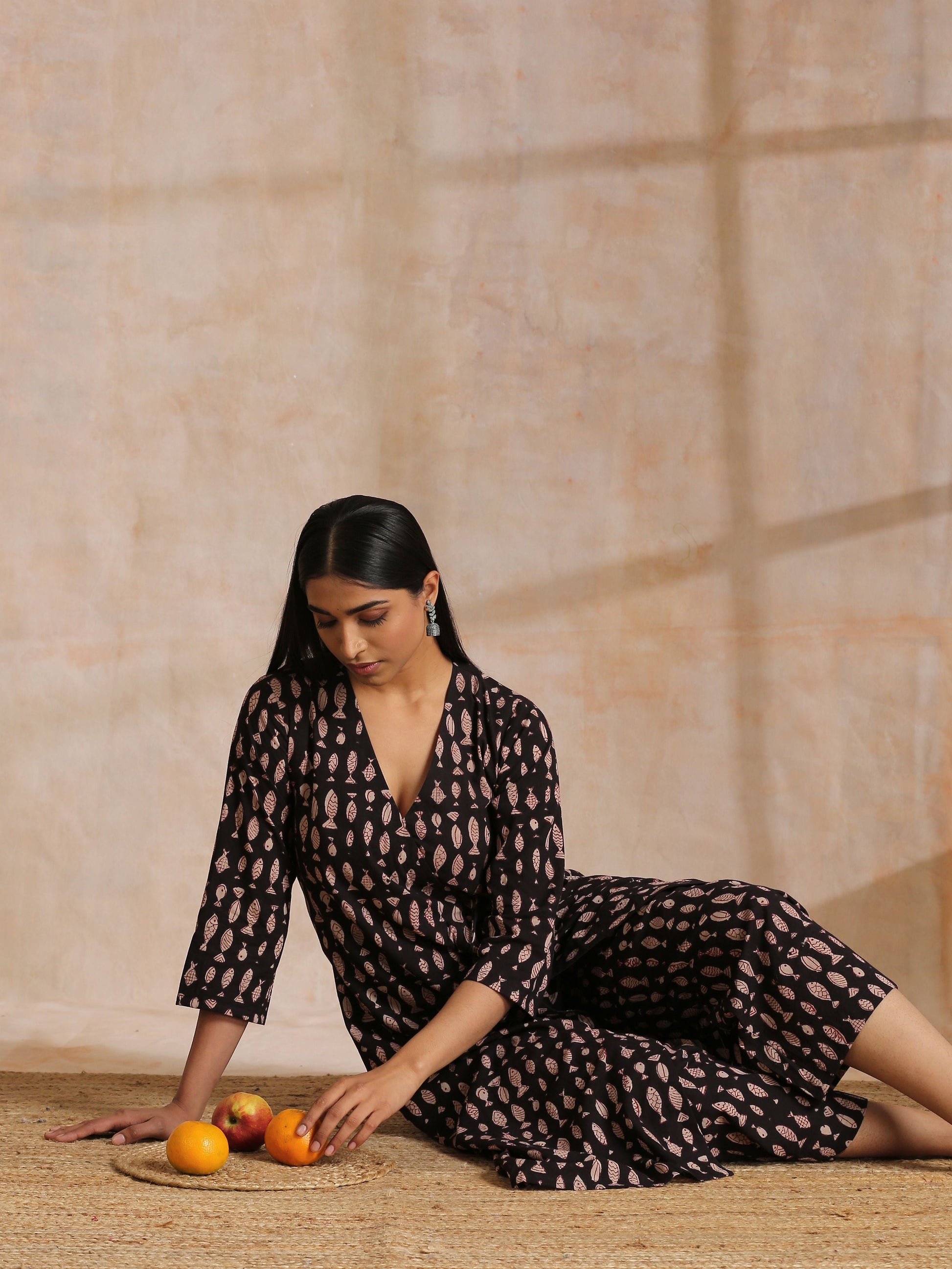 trueBrowns Black Fish Bagru Print Cotton Angrakha Pant Set | Swadesiicart
