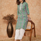 InWeave Women's Sea Green Pink Lace Gota Work Straight Kurta - Swadesiicart