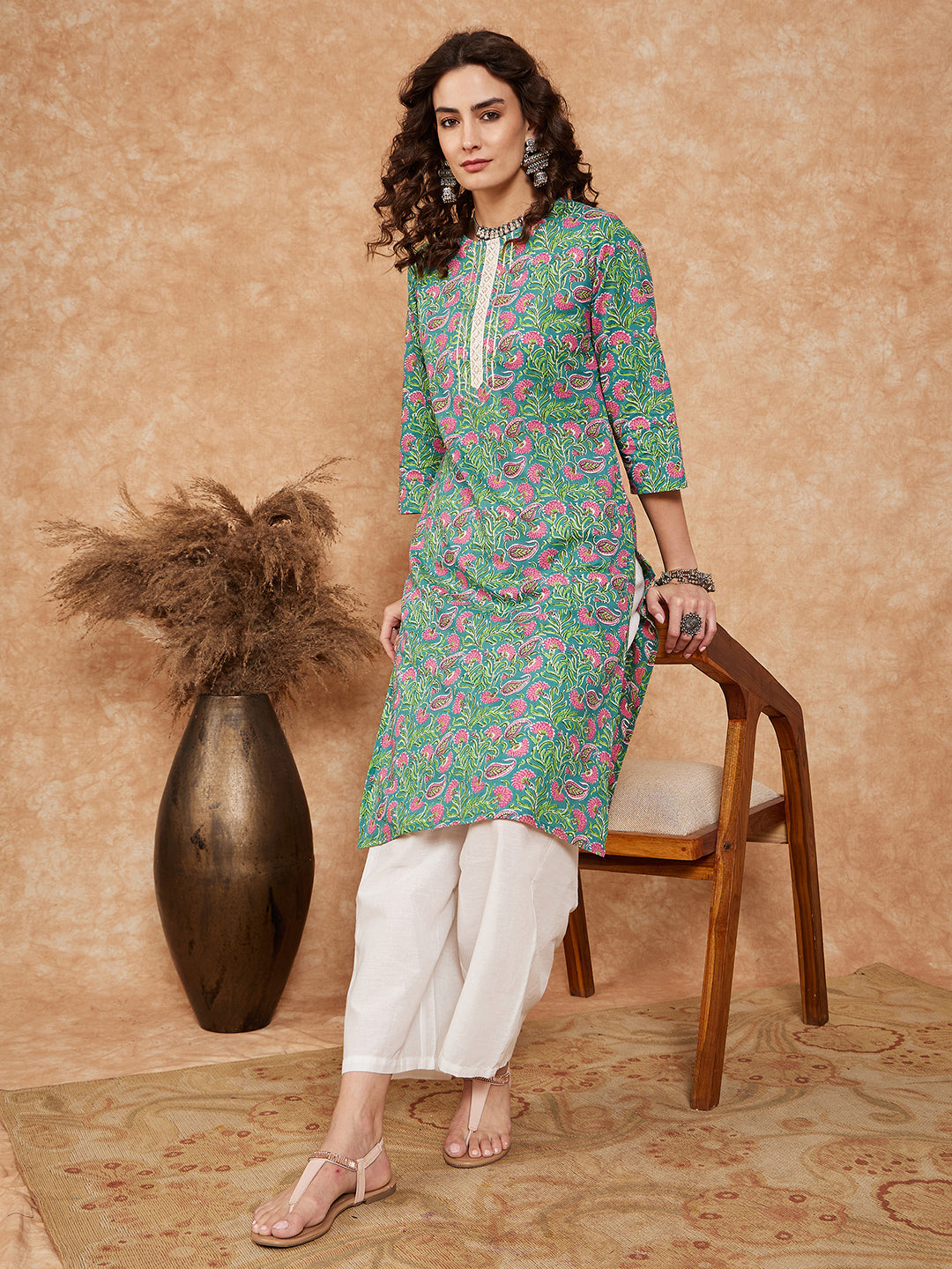 InWeave Women's Sea Green Pink Lace Gota Work Straight Kurta - Swadesiicart