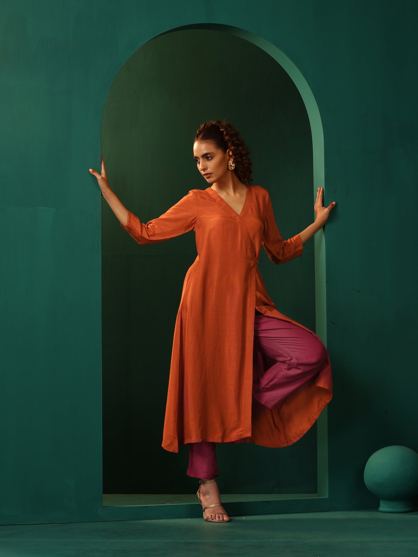 trueBrowns Rust Silk Angrakha Kurta Pant Set | Swadesiicart