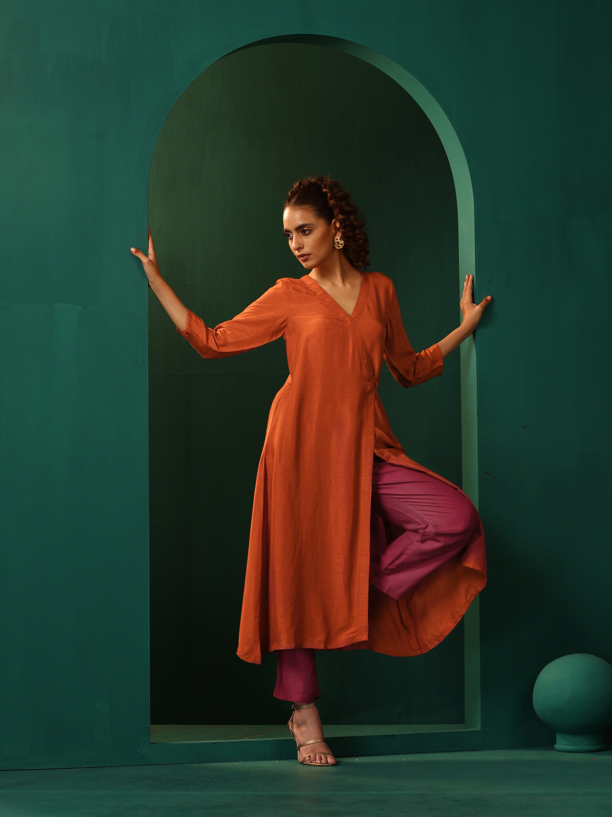 trueBrowns Rust Silk Angrakha Kurta Pant Set | Swadesiicart