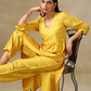 trueBrowns Yellow Textured Silk High Slit Gathered Kurta Set | Swadesiicart