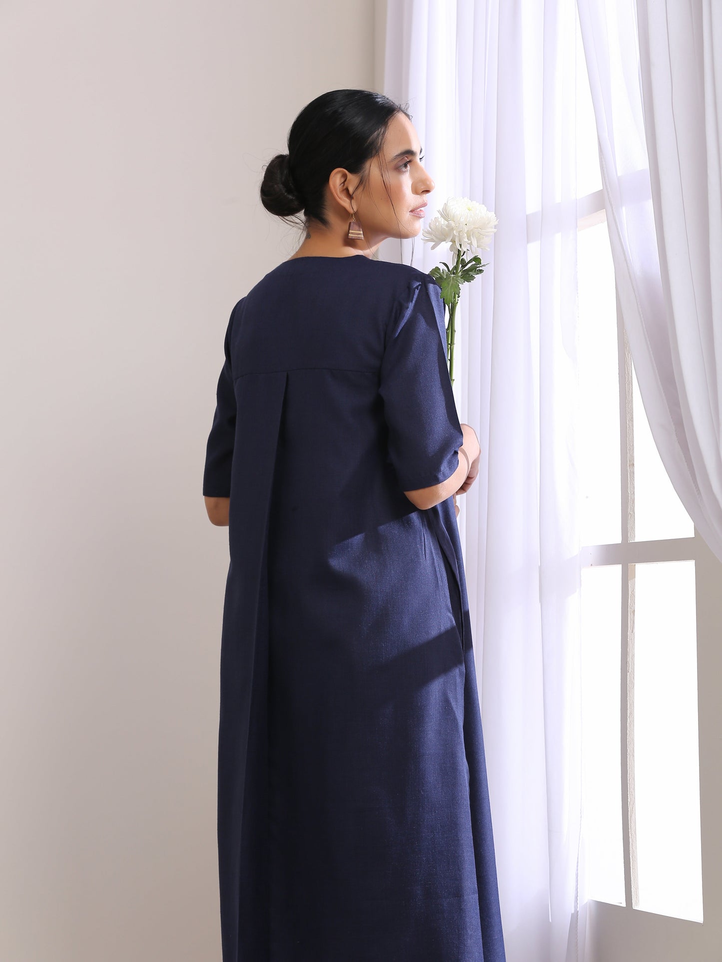 trueBrowns Blue Slub High Slit Kurta Pant Set | Swadesiicart