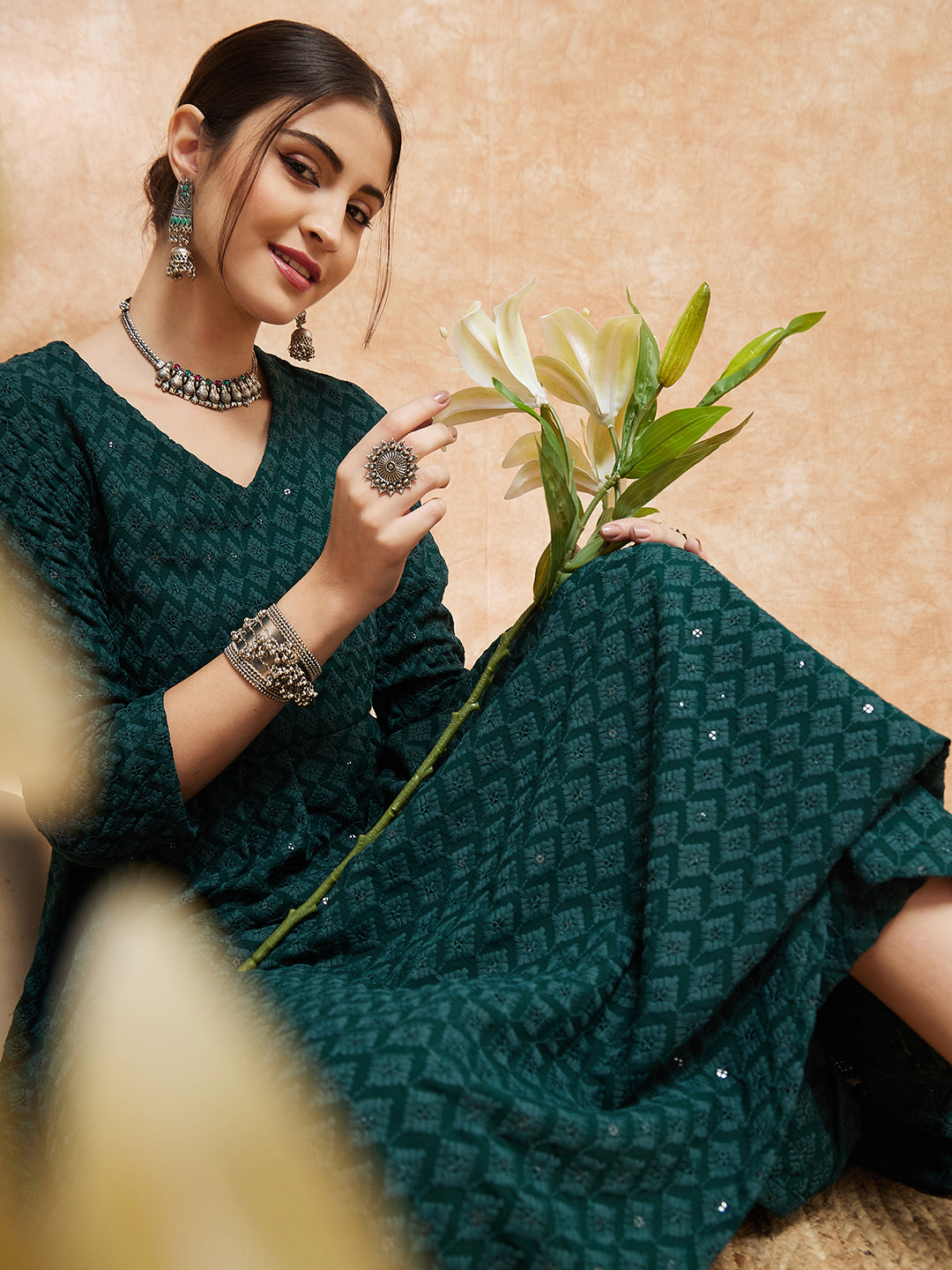 InWeave Women's Forest Green Chikankari Long Anarkali Kurta Sharara Set - Swadesiicart