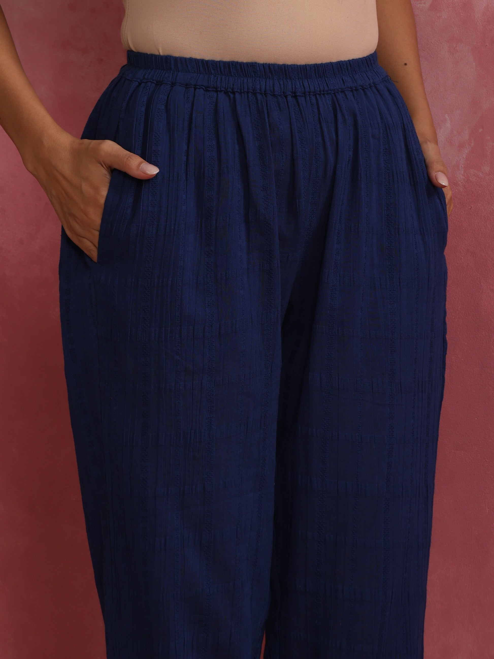 trueBrowns Dark Blue Cotton Dobby Kurta Co-ord set - Swadesiicart
