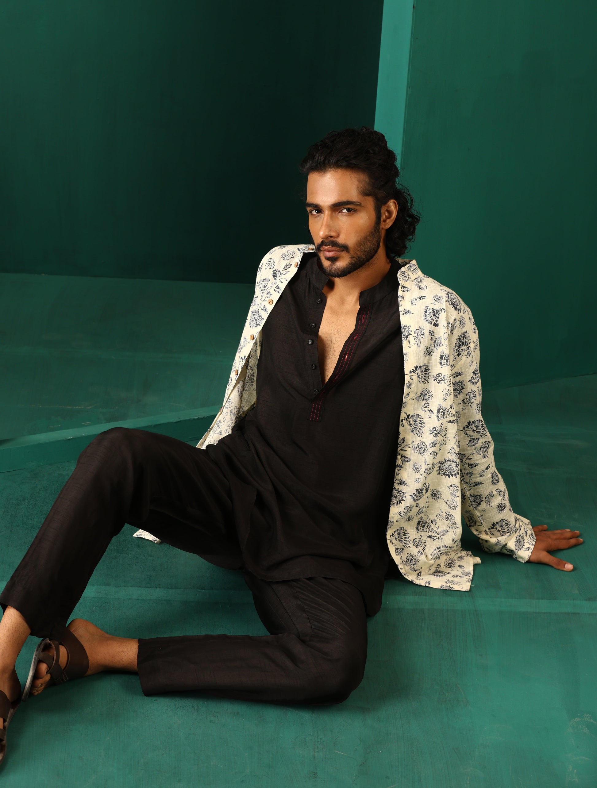 trueBrowns Men's Black Silk Co-ord Set Stitch Detail - Swadesiicart
