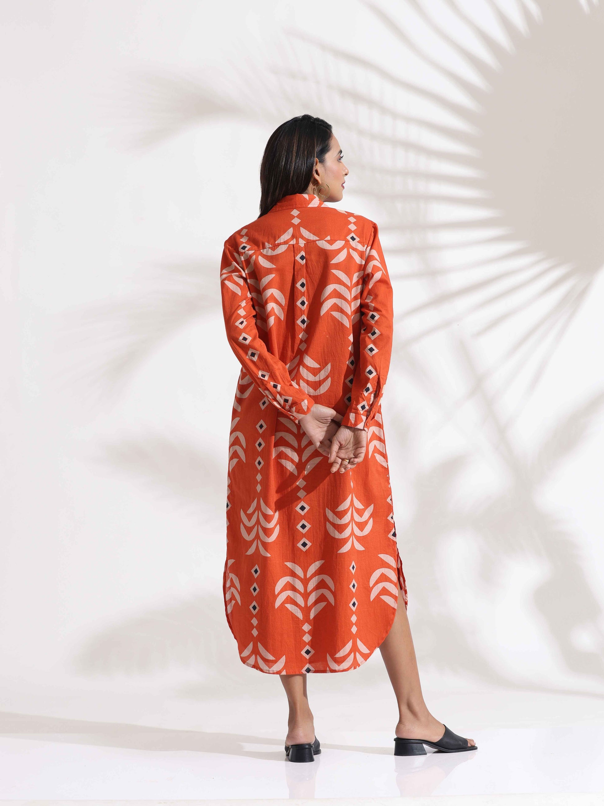 trueBrowns Orange Cotton Print Shirt Dress | Swadesiicart