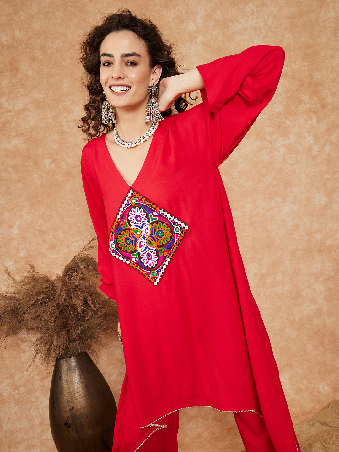 InWeave Women's Red Square Maroon Patch Work Assymentrical Kurta Set - Swadesiicart