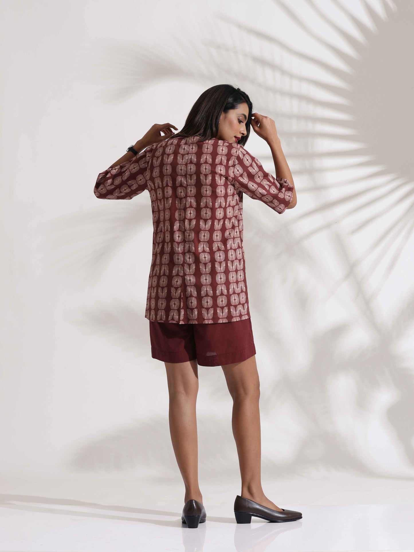 trueBrowns Brown Cotton Print Jacket Top & Short Co-ord Set - Swadesiicart