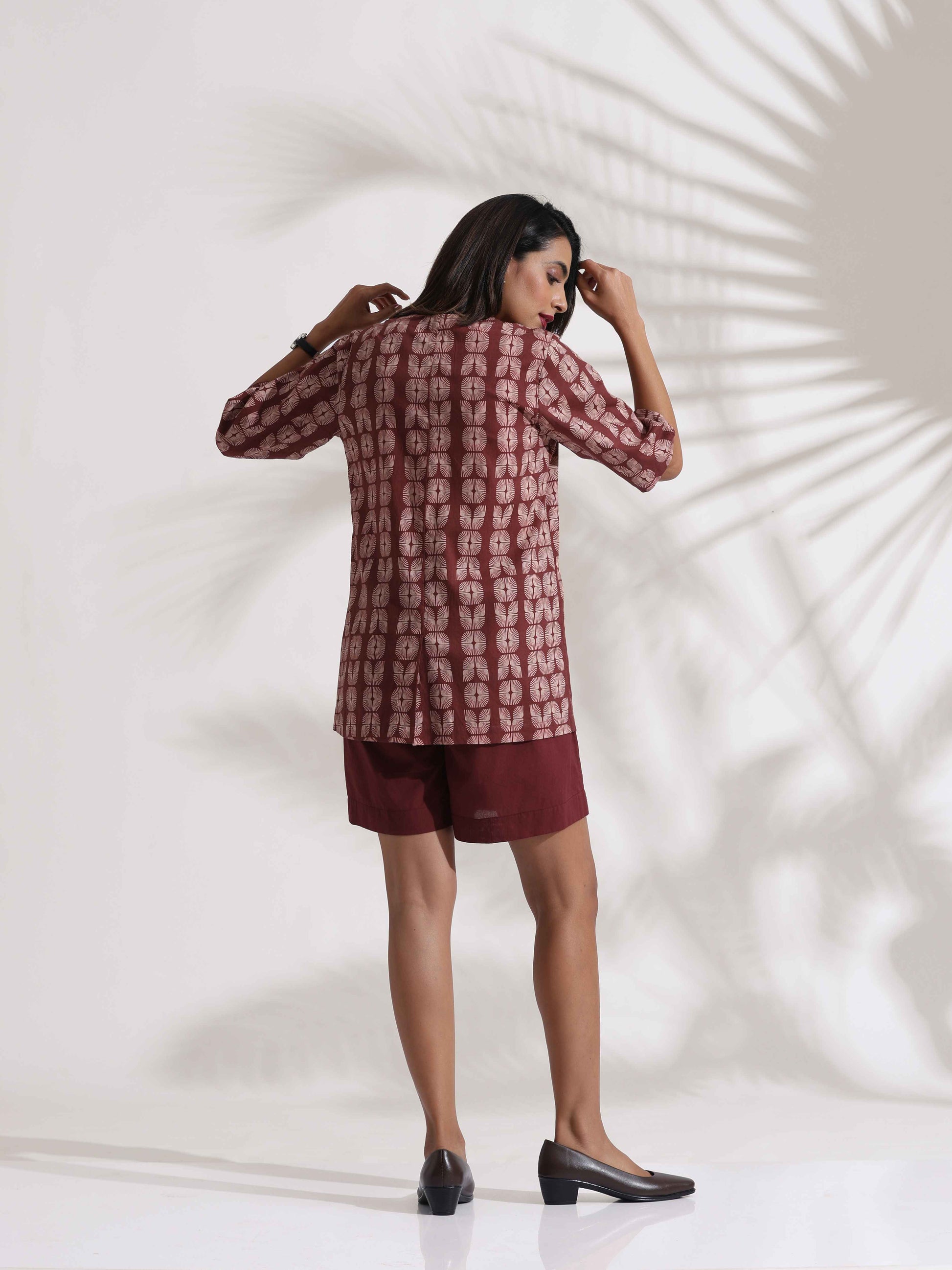 trueBrowns Brown Cotton Print Jacket Top & Short Co-ord Set - Swadesiicart