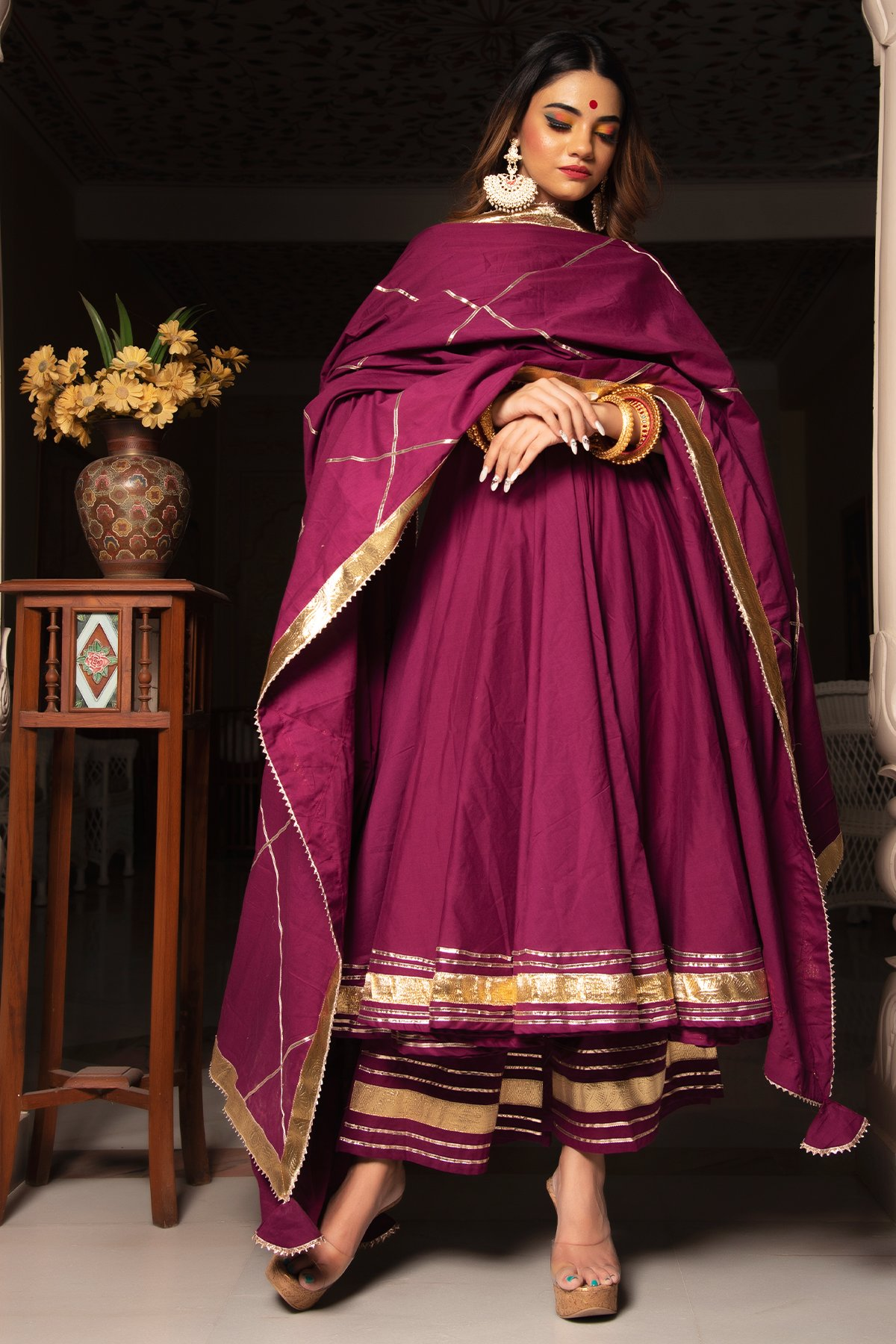 Pomcha Jaipur Burgundy Pure Cotton Anarkali Set | Swadesiicart