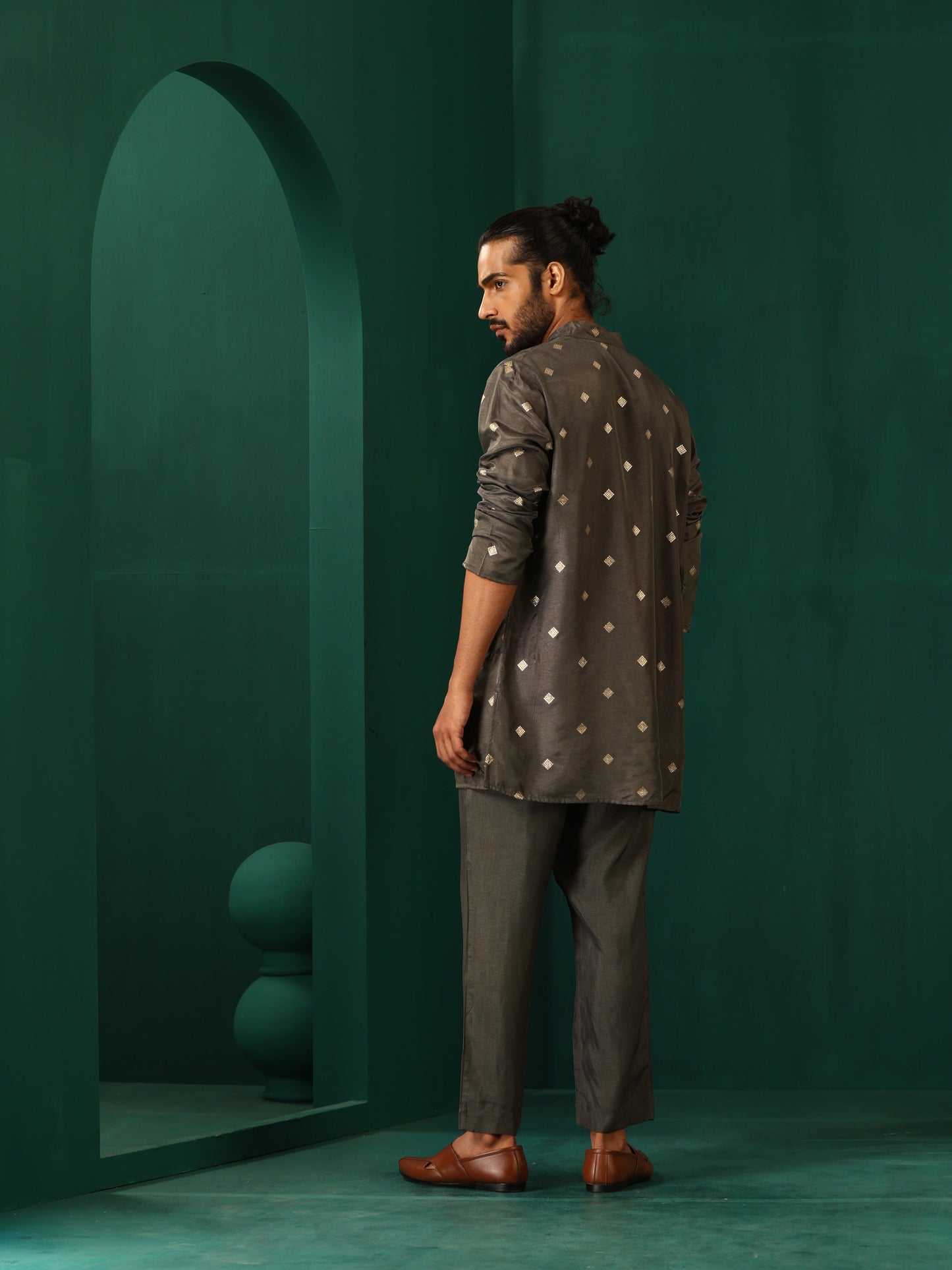 trueBrowns Men's Grey Diamond Viscose Silk Co-ord Set - Swadesiicart