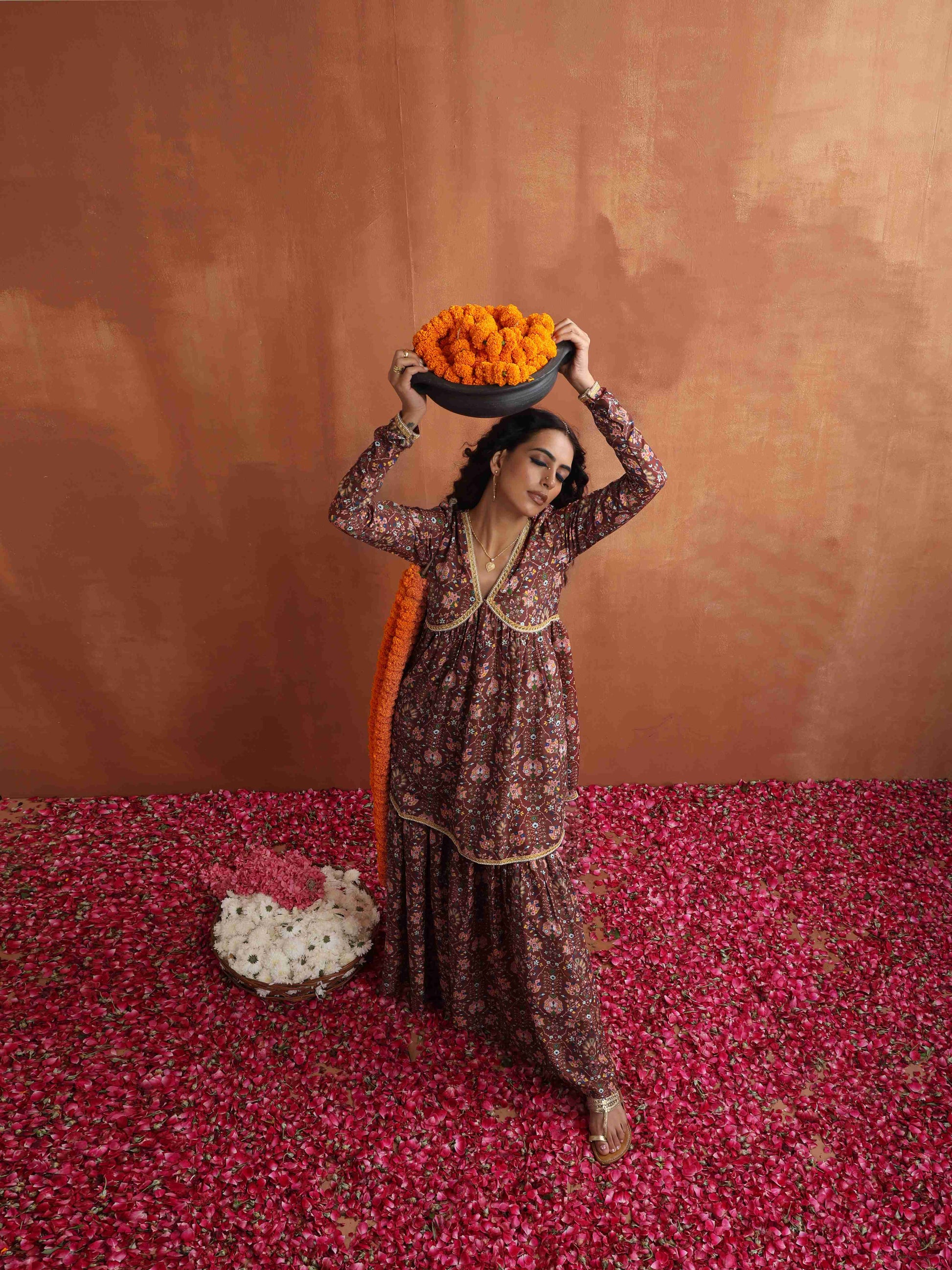 trueBrowns Brown Print Sharara Set | Swadesiicart