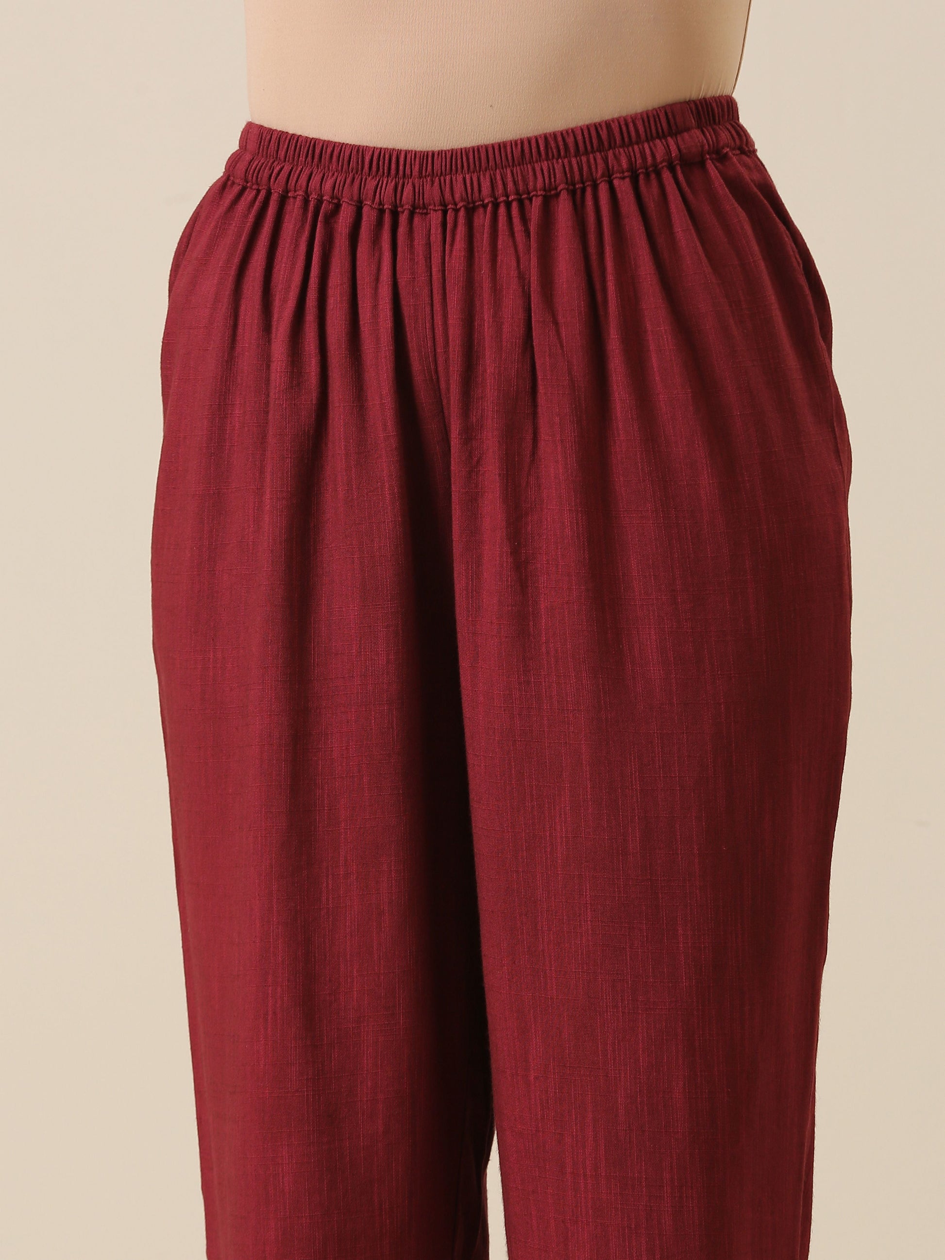 trueBrowns Ruby Wine Slub Texture High Low Kaftan Pant Set | Relove | Swadesiicart