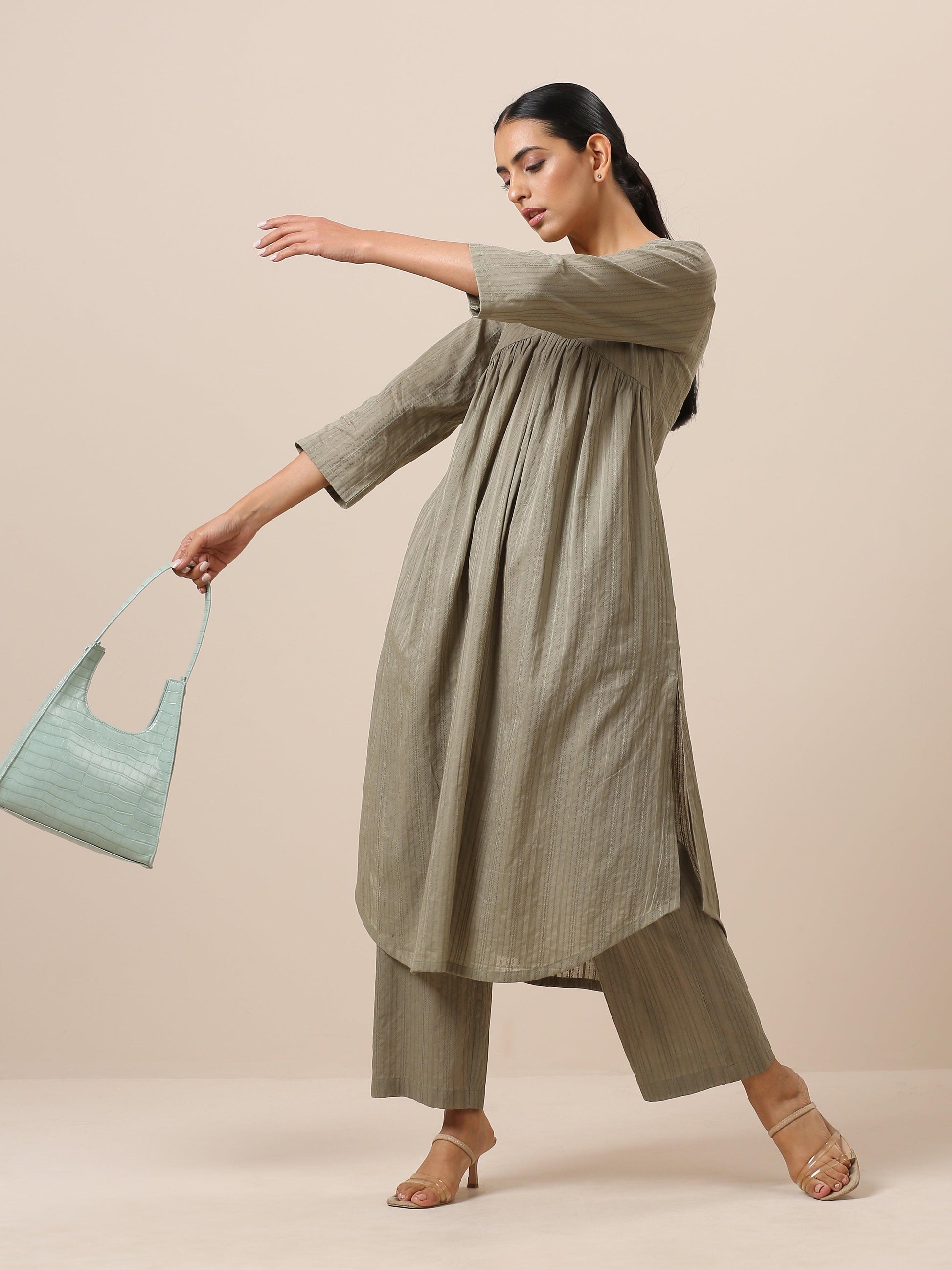 trueBrowns Cotton Olive Green Flared Slit Kurta Pant Set | Swadesiicart