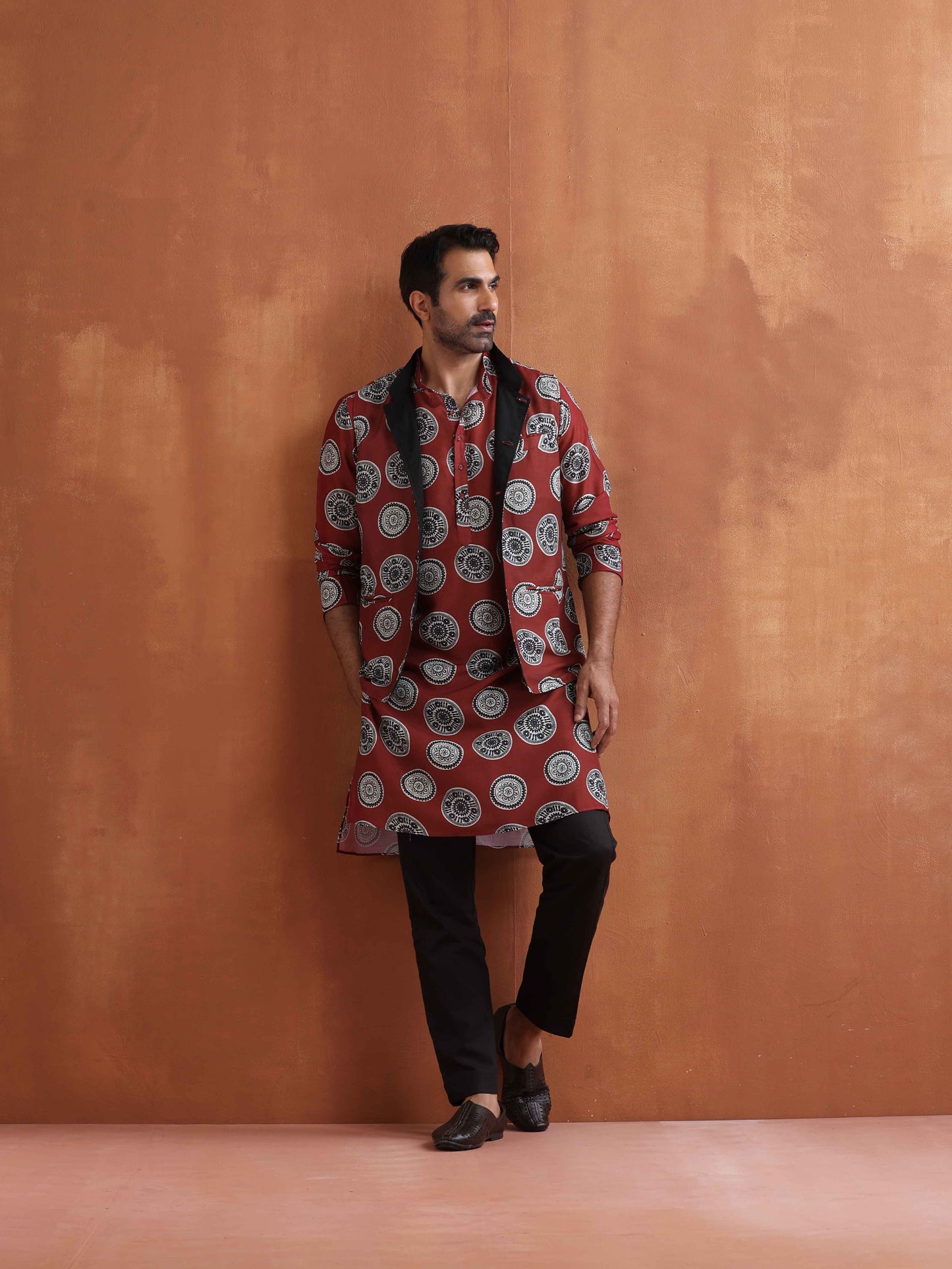 trueBrowns Men's Rust Printed Nehru Jacket | Swadesiicart