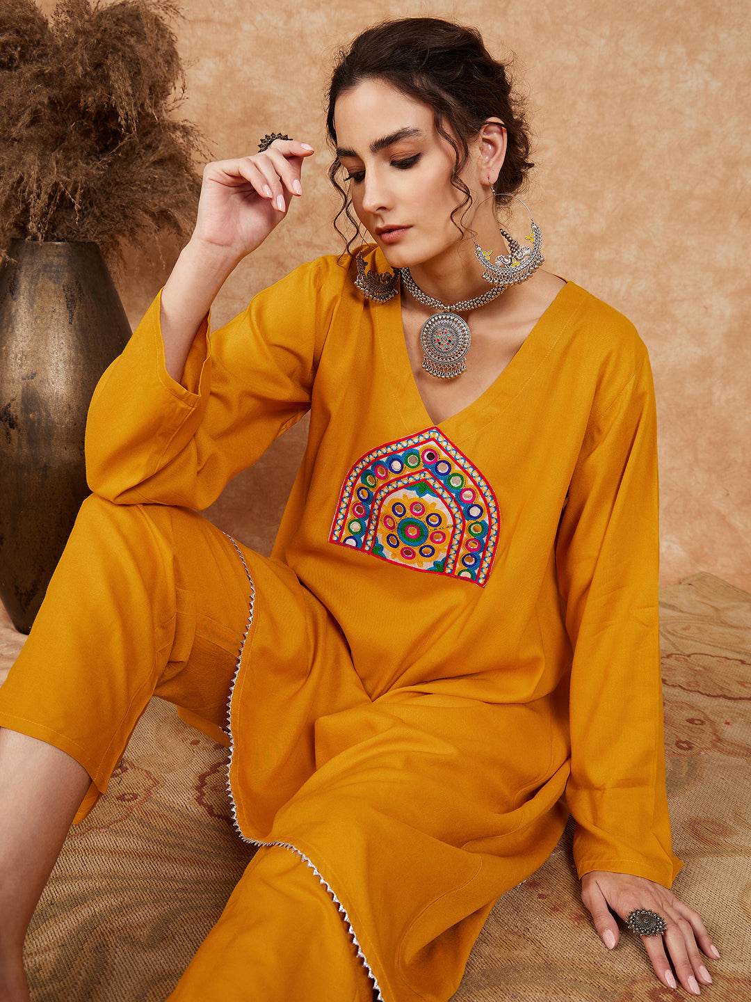 InWeave Women's Mustard Trangle Yellow Patch Work Assymentrical Kurta Set - Swadesiicart