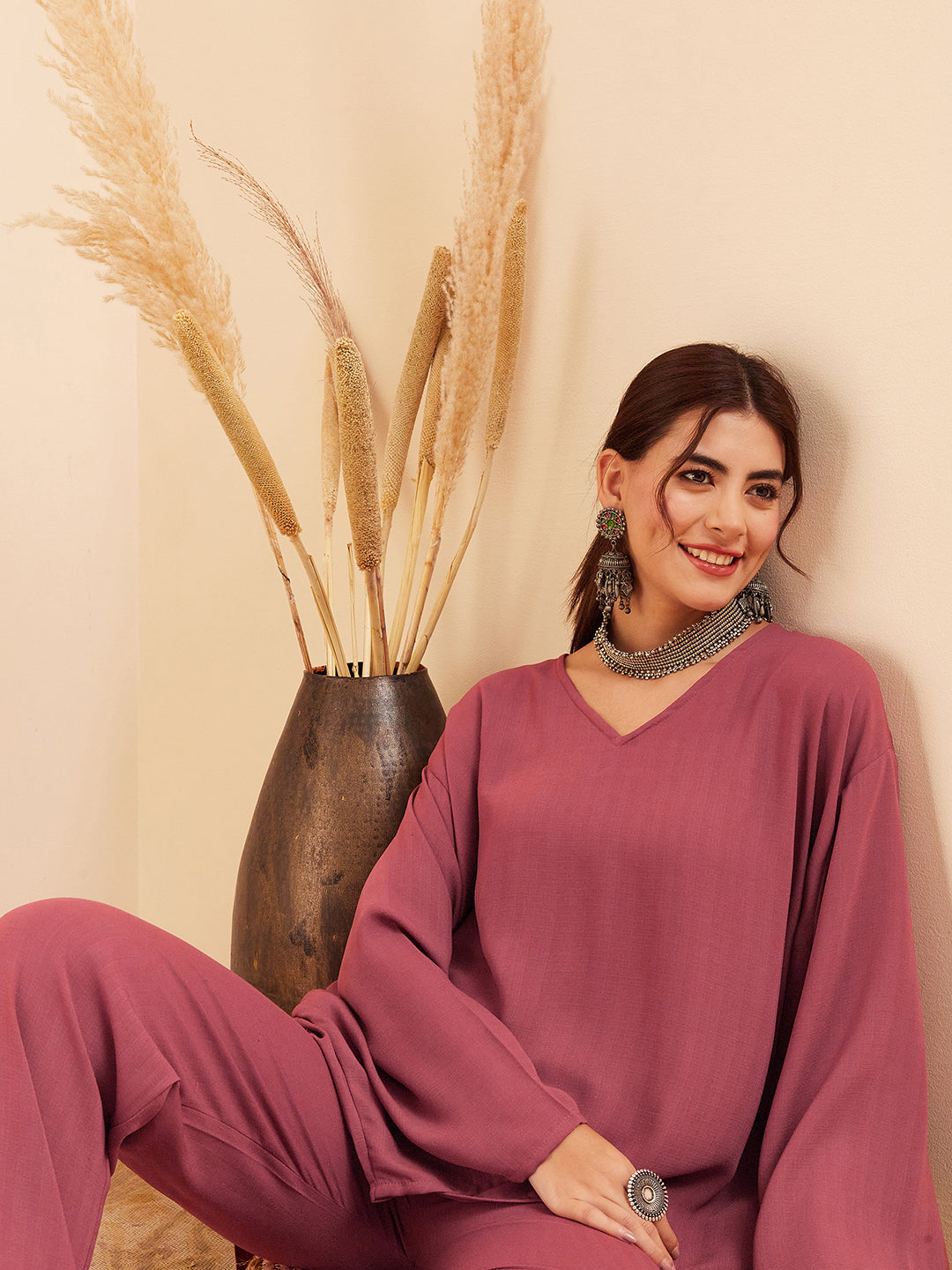 InWeave Women's Light Brown Full Sleeve Boho Top Bottom Set - Swadesiicart