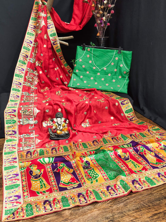 Lorenvalley Fashion Premium Red Vichitra Silk Embroidery and Diamond work Both Side Saree - Swadesiicart