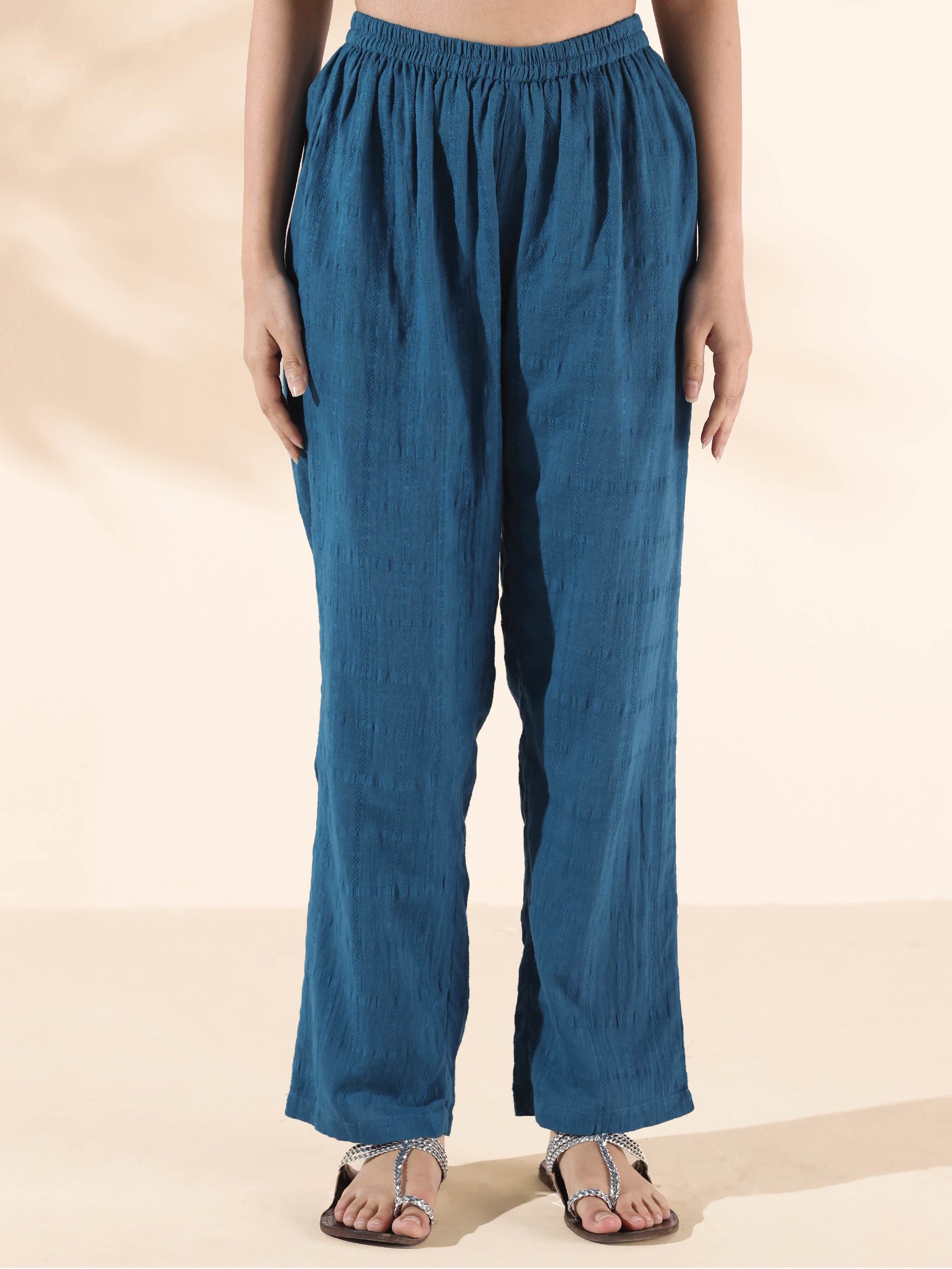 trueBrowns Blue Cotton Dobby Flared Co-ord Set - Swadesiicart