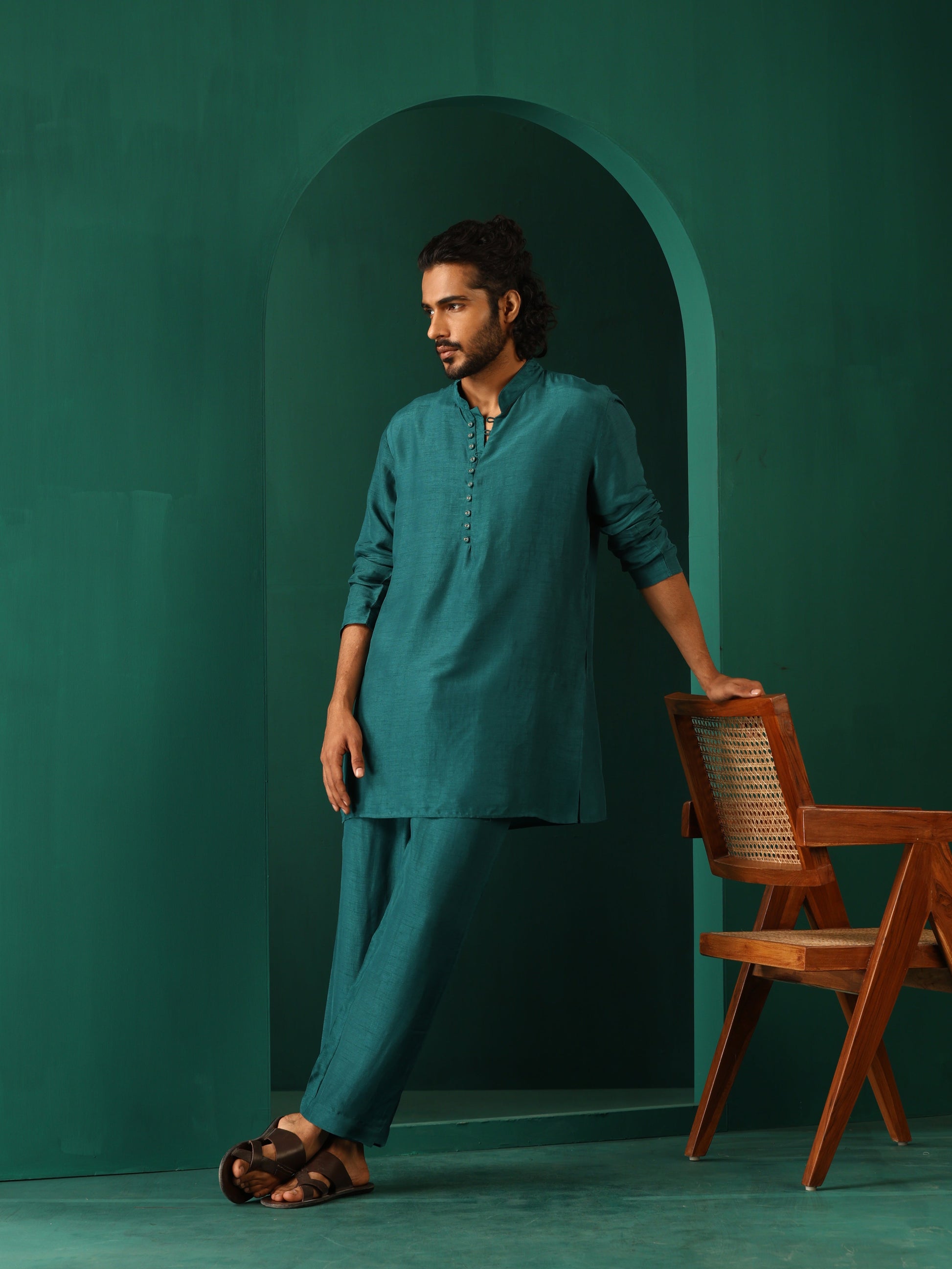 trueBrowns Men's Teal Silk Co-ord Set - Swadesiicart