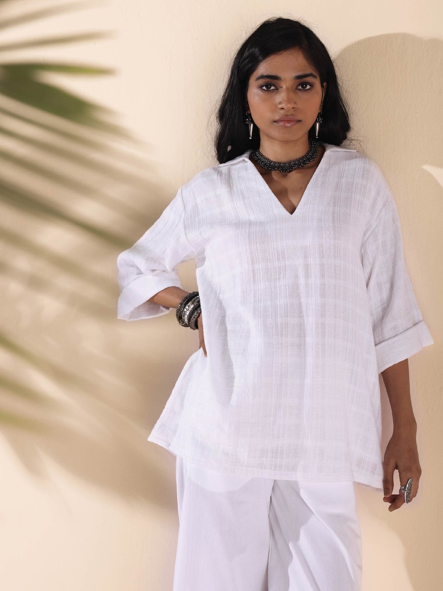 trueBrowns White Cotton Dobby V-Neck Co-ord Set - Swadesiicart