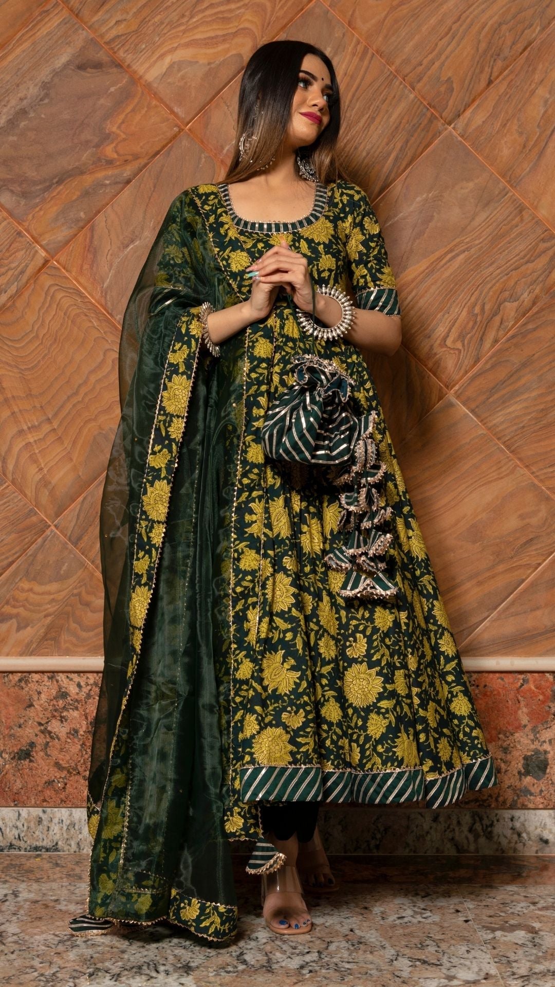Pomcha Jaipur Idika Green Hand Block Anarkali Set | Swadesiicart