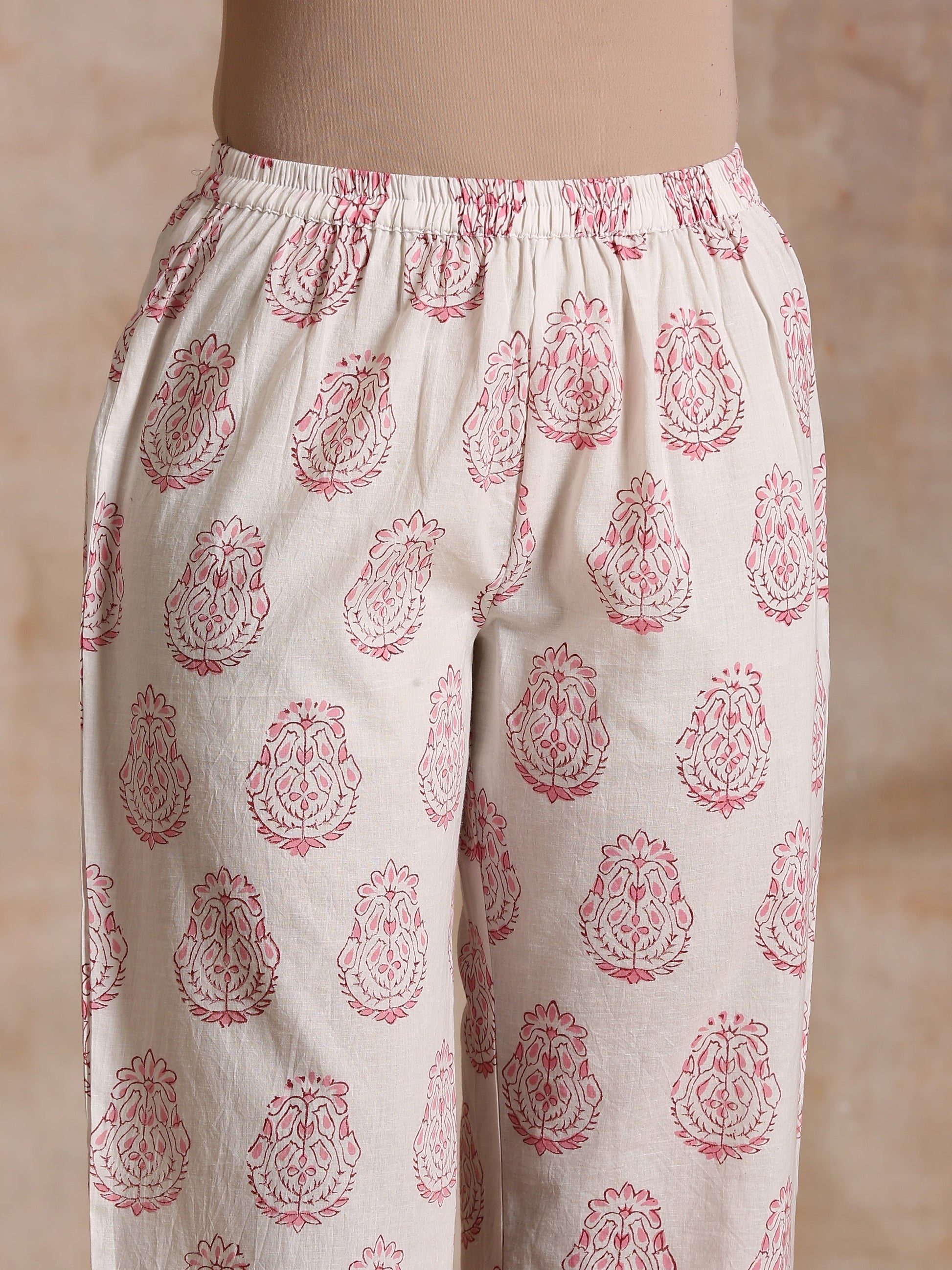 trueBrowns Pink Big Buta On White Print Cotton Angrakha Kurta Pant Set | Swadesiicart