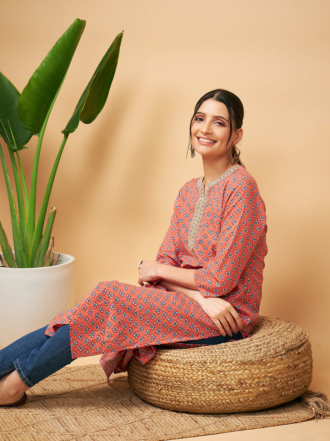InWeave Women's Coral Blue Boota Print Gota Straight Kurta - Swadesiicart