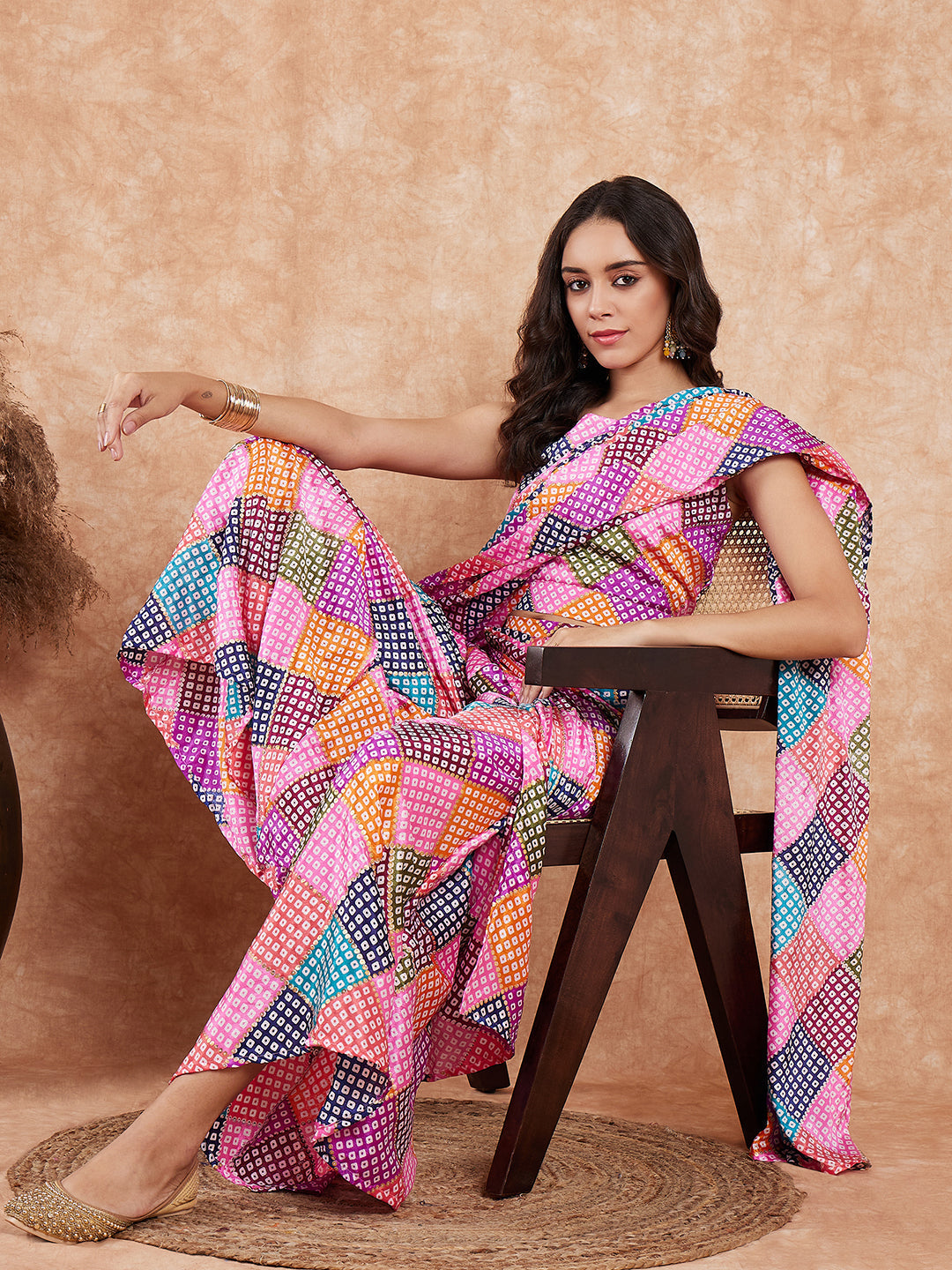 InWeave Women's Pink Square Multi Badhani Palazzo Saree - Swadesiicart