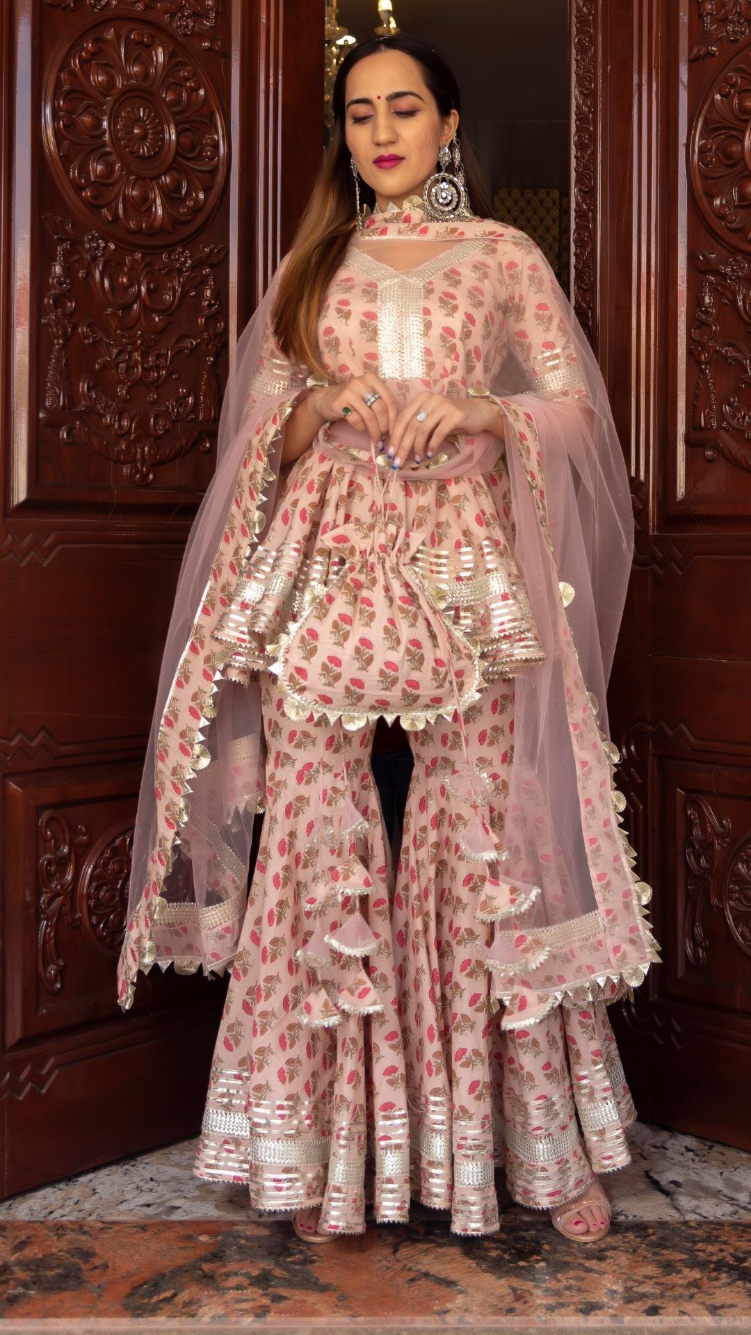 Pomcha Jaipur Peach Hand Block Cotton Sharara Set | Swadesiicart