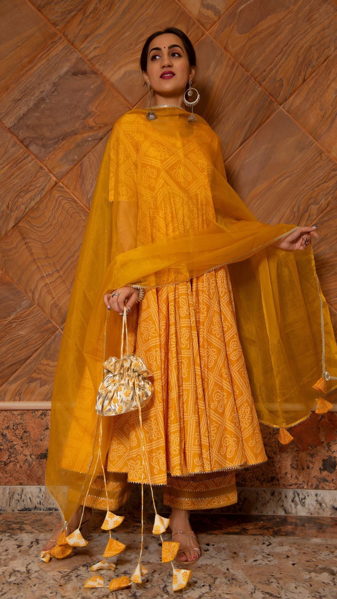 Pomcha Jaipur Bandhej Yellow Cotton Anarkali Set | Swadesiicart