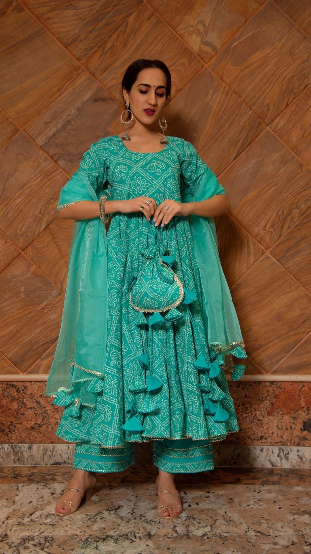 Pomcha Jaipur Bandhej Tiffany Blue Cotton Anarkali Set | Swadesiicart